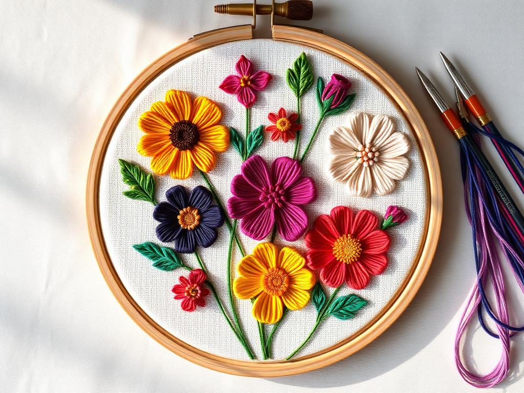 Färgglatt blombroderi i en broderiram med broderigarn