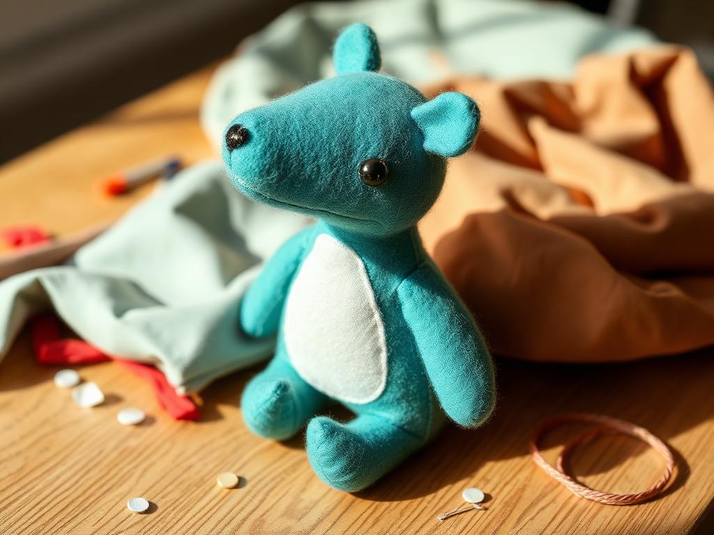 Handsydd mjuk tygfigur som ett litet djur, med tygrester runt om
