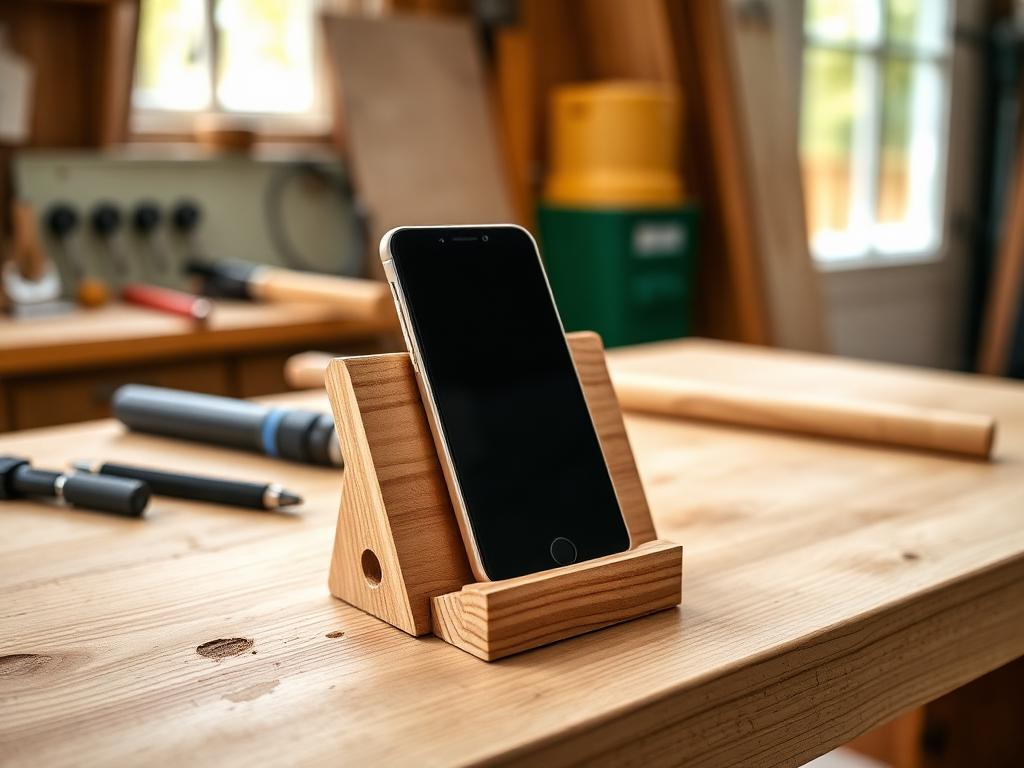 Mobilställ i trä med en mobiltelefon i, på en arbetsbänk