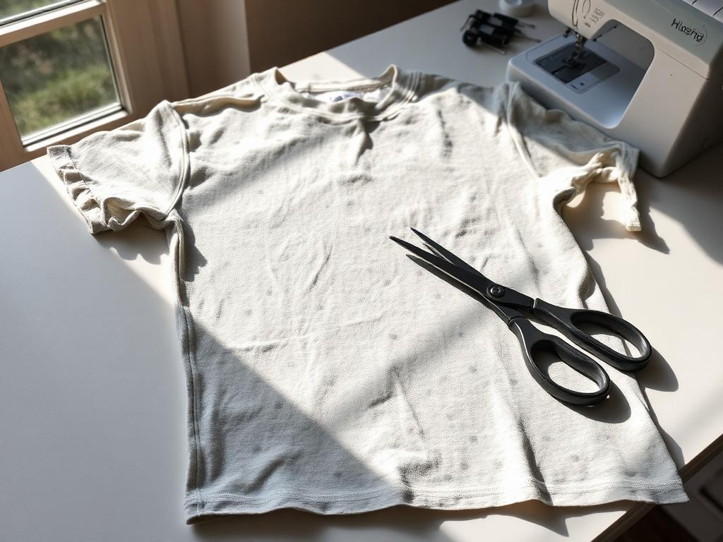 En gammal t-shirt som klipps om vid symaskinen