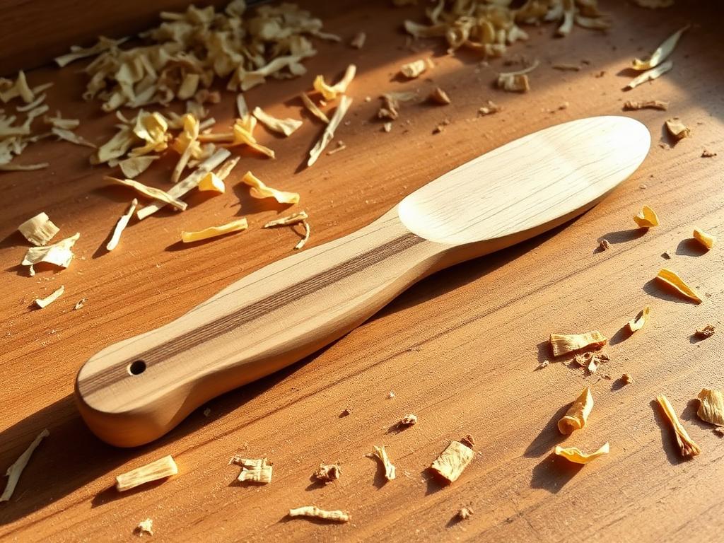 Handtäljd smörkniv i björk på en hyvelbänk med träspån