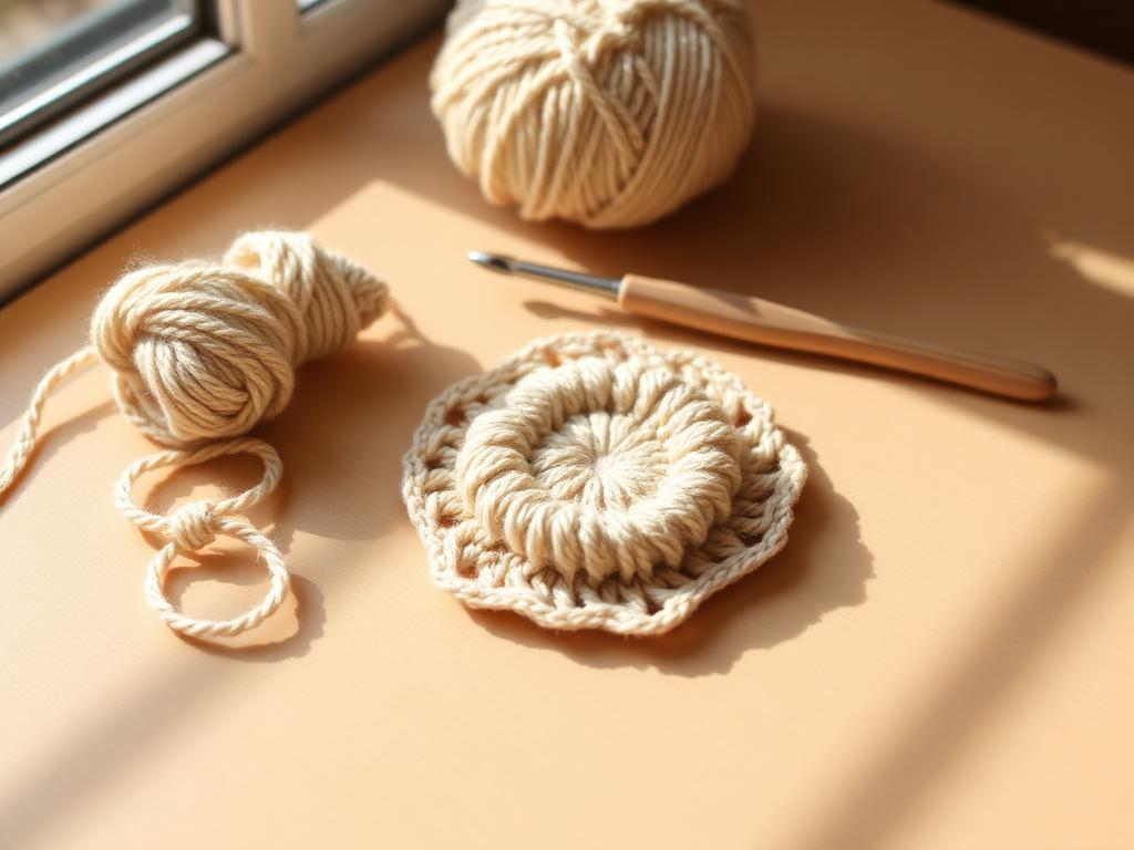 Virkat underlägg i beige bomullsgarn med virknål och garn