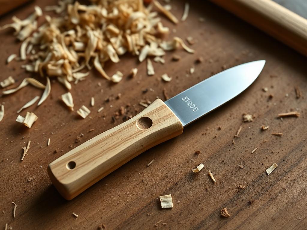 Handtäljd smörkniv i björk på en arbetsbänk med träspån