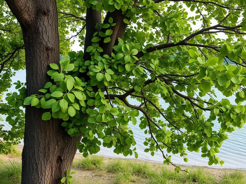 Al som växer vid en sjöstrand med runda gröna blad