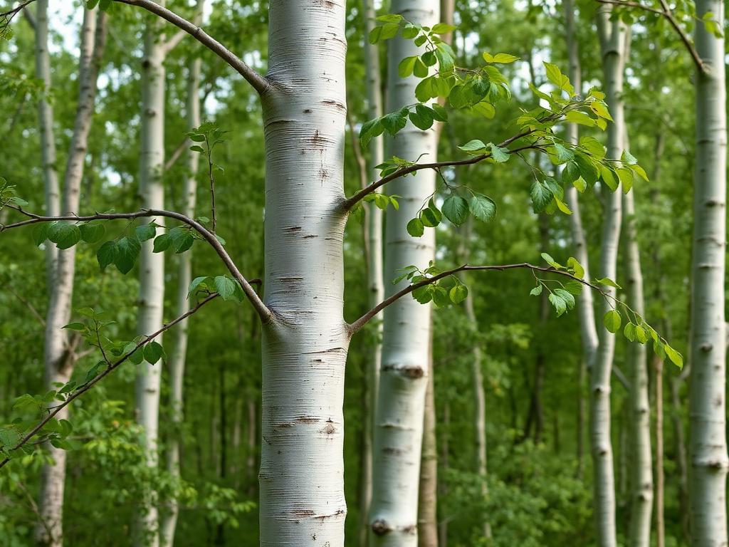 Aspstammar med ljusgrå slät bark och darrande löv i en skog