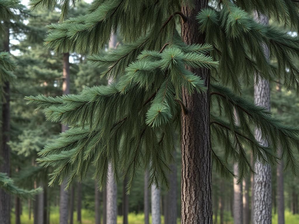 Granstam med hängande mörkgröna grenar i en skog