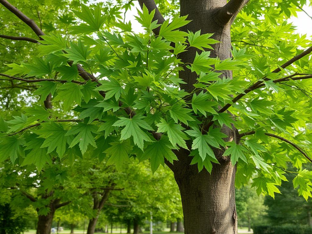 Lönn med stora flikiga gröna blad och grå stam i en park