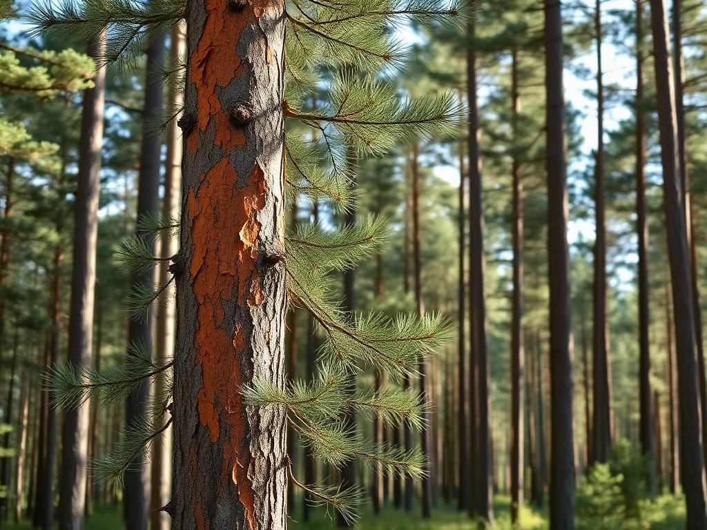 Tallstam med orangeröd flagnande bark i en svensk tallskog