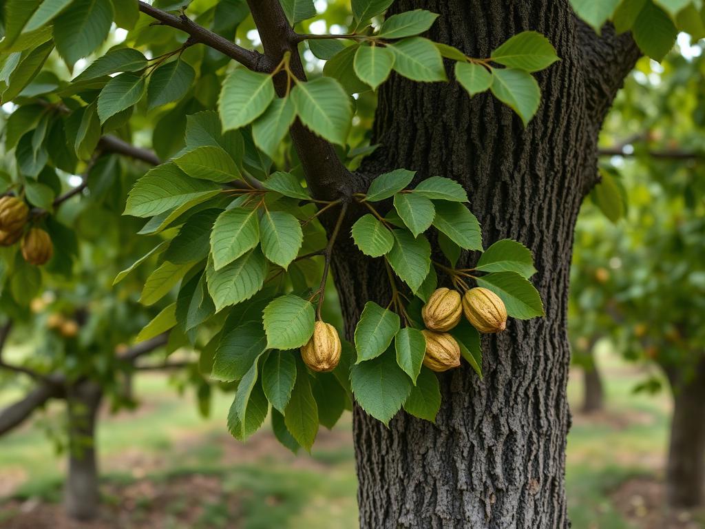 Valnötsträd med mörk sprucken bark och gröna blad i en odling